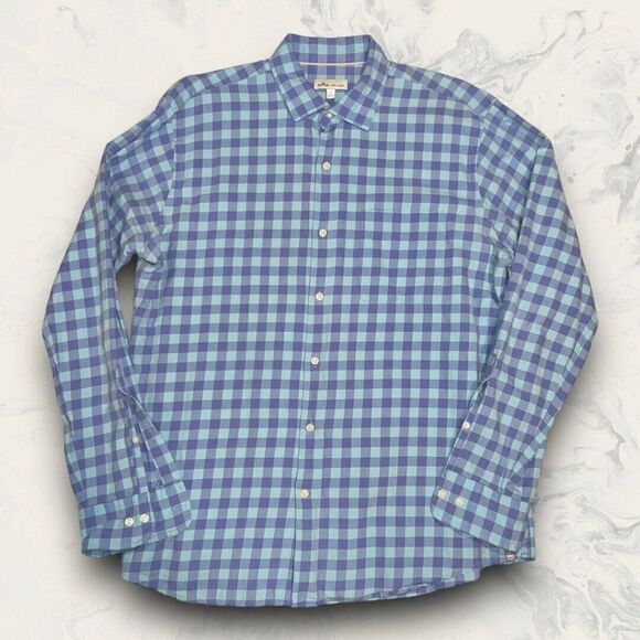 Peter Millar Blue Plaid Cotton Silk Blend Long Sleeve Button Down Shirt Large - Picture 1 of 7